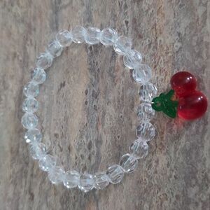 Clear Beaded Bracelet with Red Cherry Charm